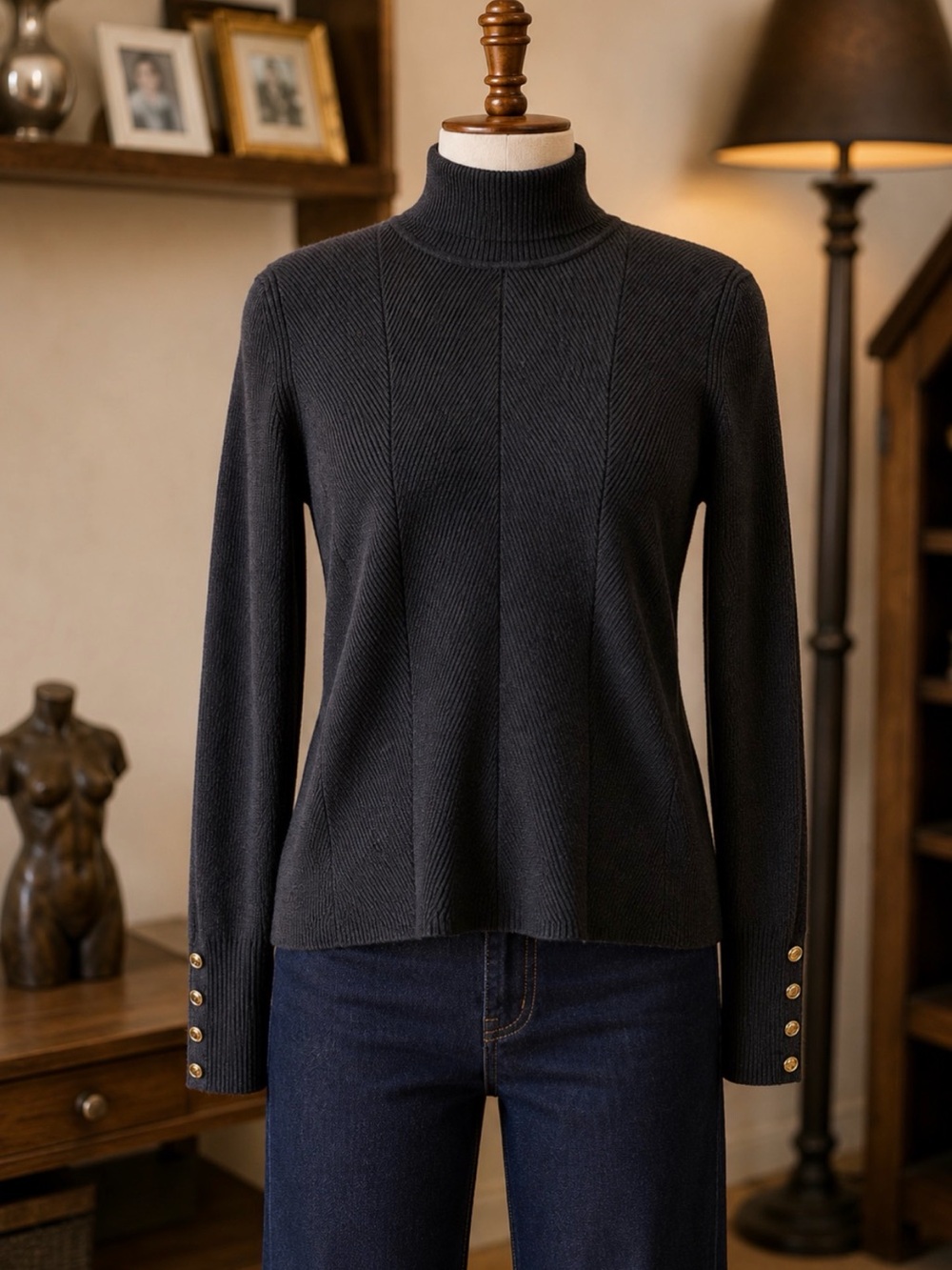 Tahari Ribbed Turtleneck Sweater Charcoal Gray Gold Button Cuffs Size Medium